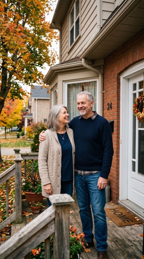 A retired couple smiling on their front porch